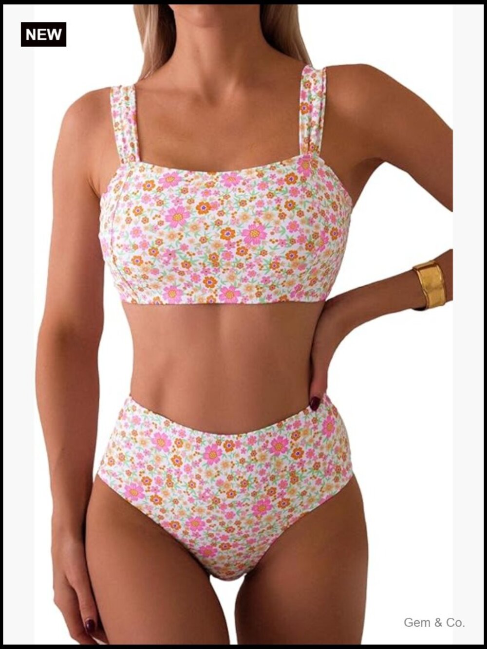 High Waisted Bikini Sets Wide Straps Two Piece Swimsuit Floral Print Bathing